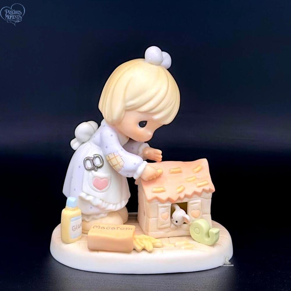 Precious Moments Girl Figurine Decorating a Birdhouse with Macaroni